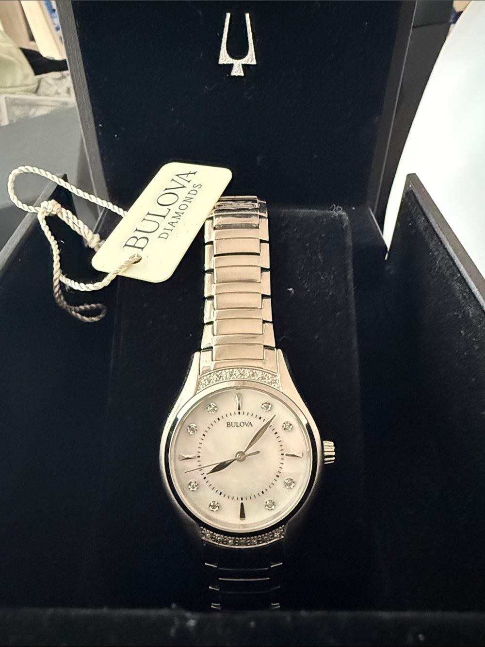 Bulova Silver-Tone Watch with Mother-of-Pearl Dial and Crystal Accents